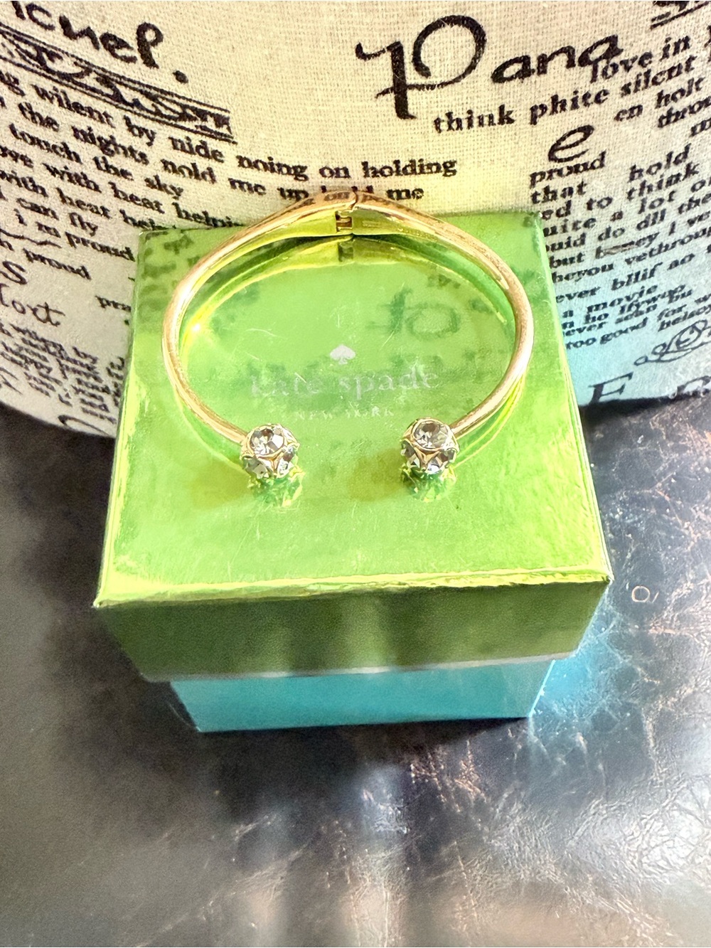 kate spade ♠️ Lady Marmalade Gold Open Cuff Bracelet with Gray Crystal Balls